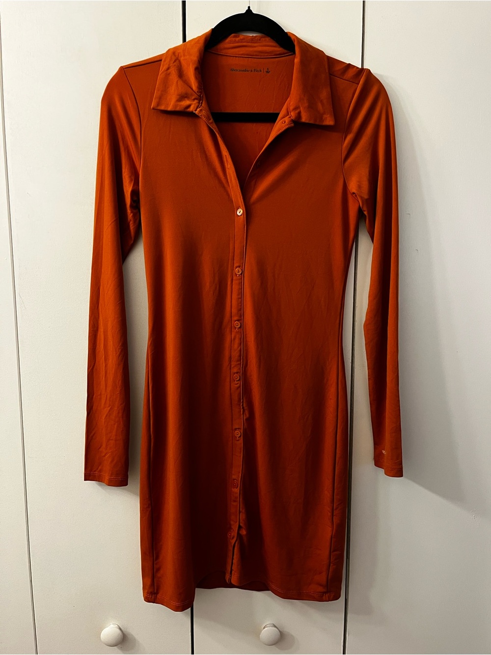Abercrombie & Fitch Long-Sleeve Button-Front Midi Dress in Rust Orange